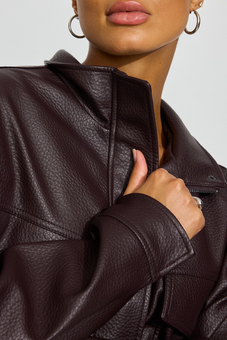 Oversized Faux Leather Bomber, Deep Burgundy, large
