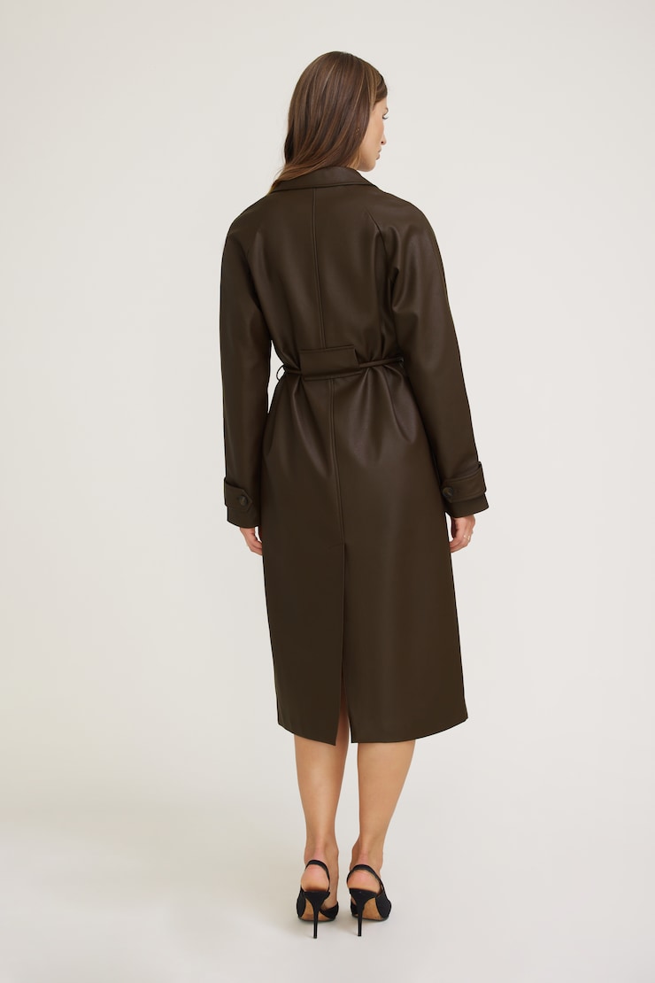 Faux Leather Mac Coat Coffee Bean Brown large