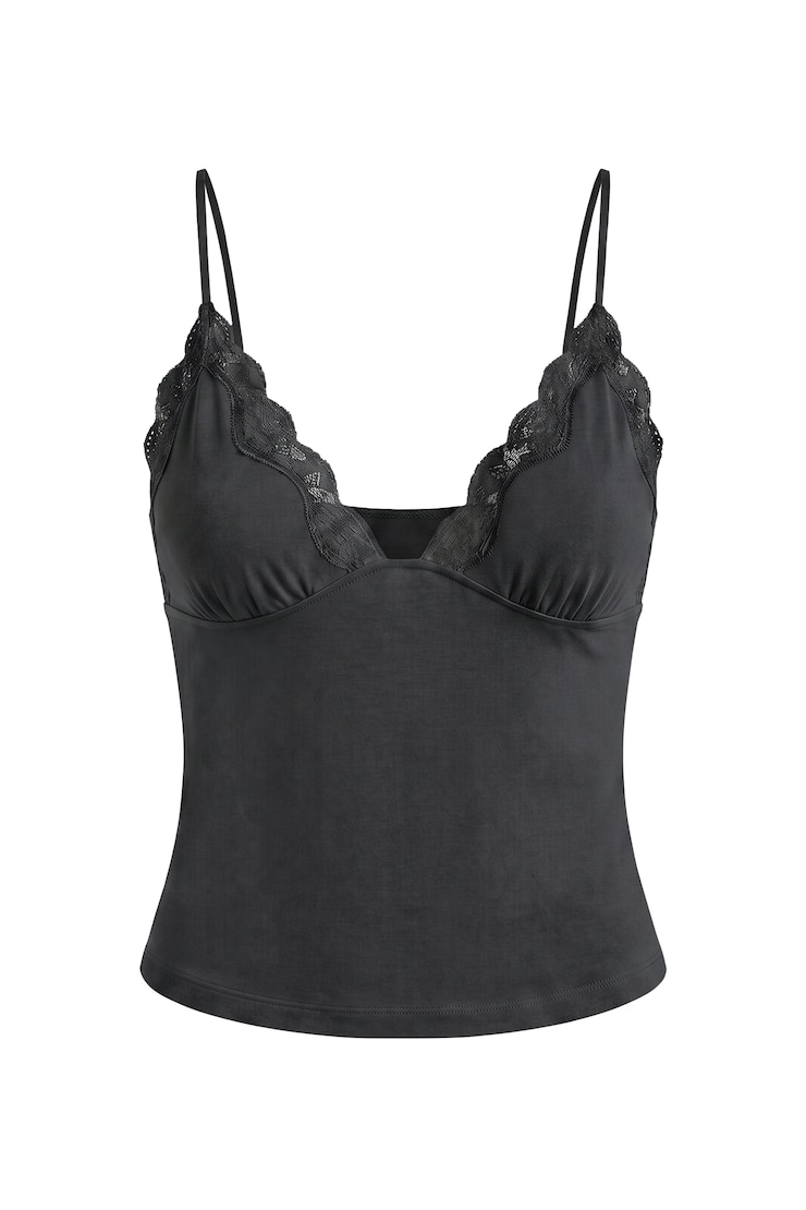 Plunge Lace Trim Cami Top, Forged Iron Grey, large