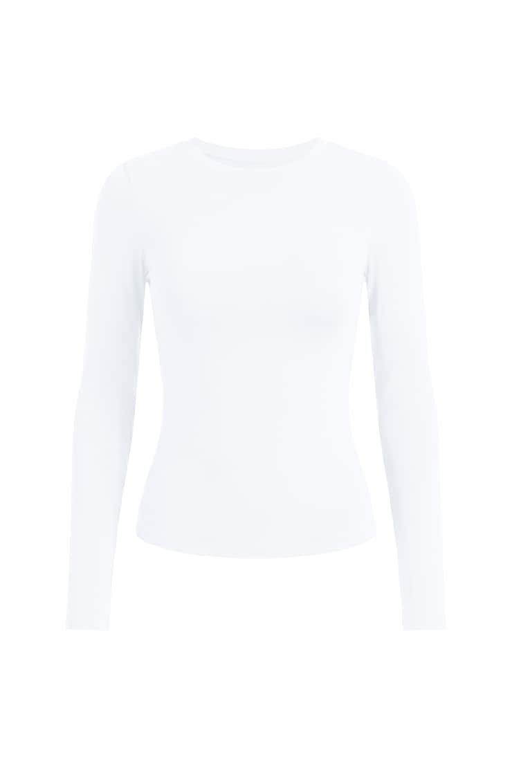 Sleek Crewneck Longsleeve Top, Bright White, large