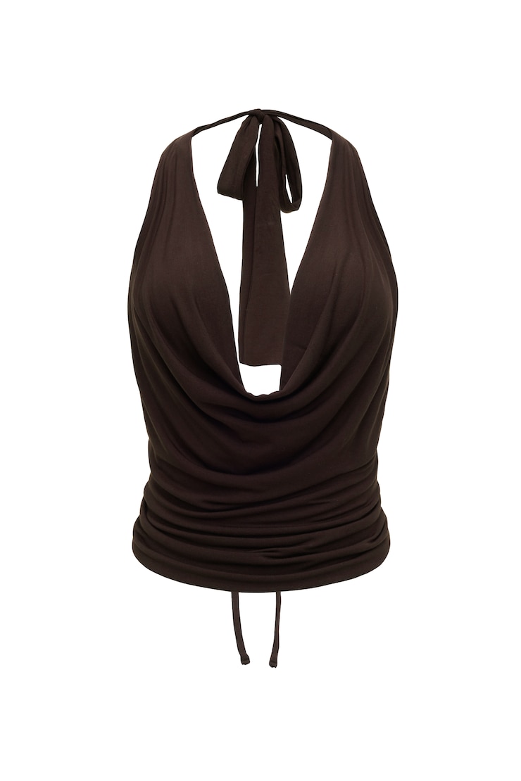 Smooth Open Back Cowl Top, Chocolate Mousse Brown, large