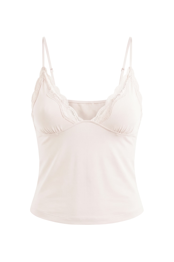 Sleek Plunge Lace Trim Cami Top, Sweet Cream, large