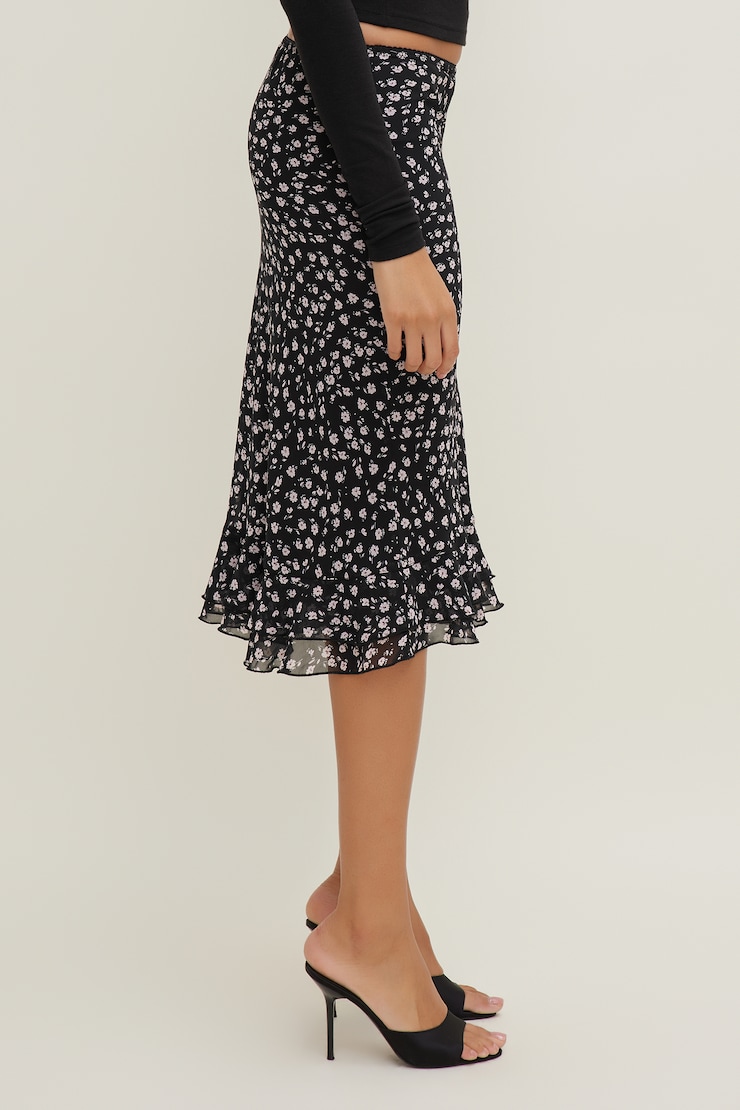 Jupe midi volantée en georgette Fleuri noir large