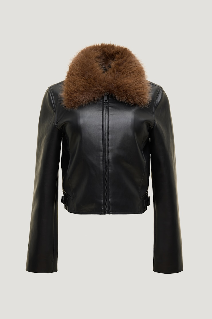 Faux Fur Collar Leather Jacket