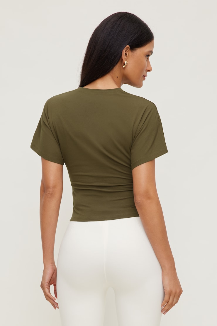 Andrea Shirred Jersey T Shirt Dark Olive Khaki large