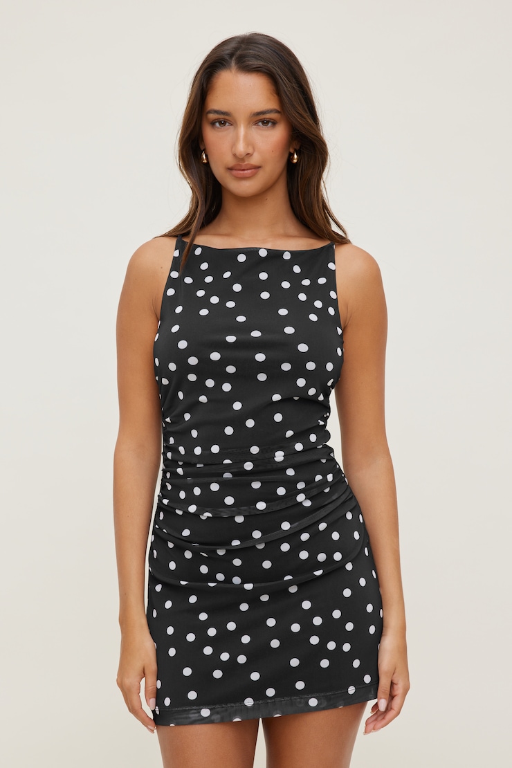 Kate Mesh Mini Dress Black w/ White Polka Dots large