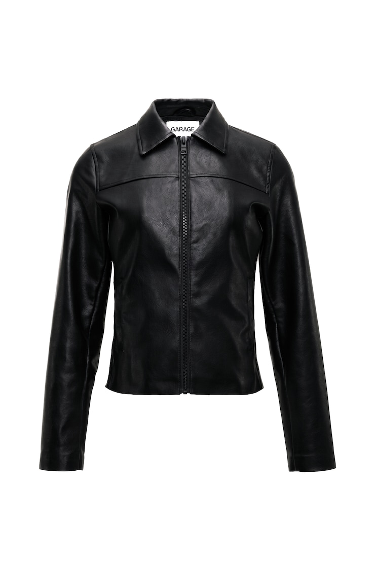 Faux-Leather Worker Jacket, Jet Black, large