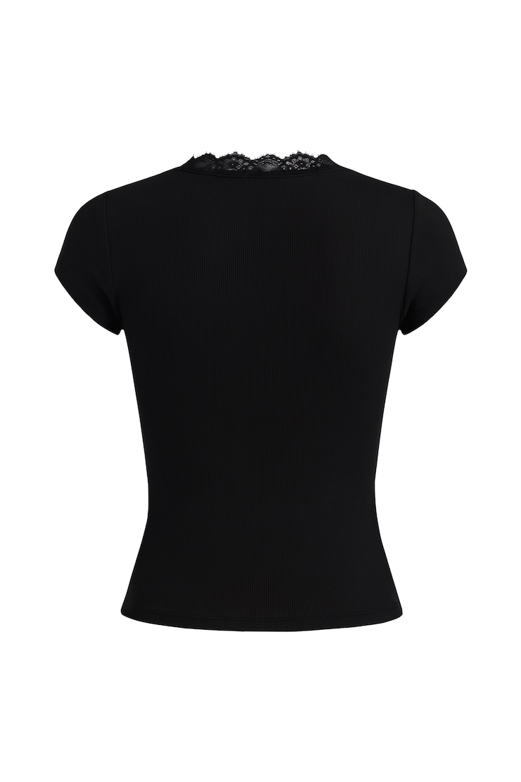 T-shirt à col plongeant et bordure en dentelle SnatchRib, Noir encre, large