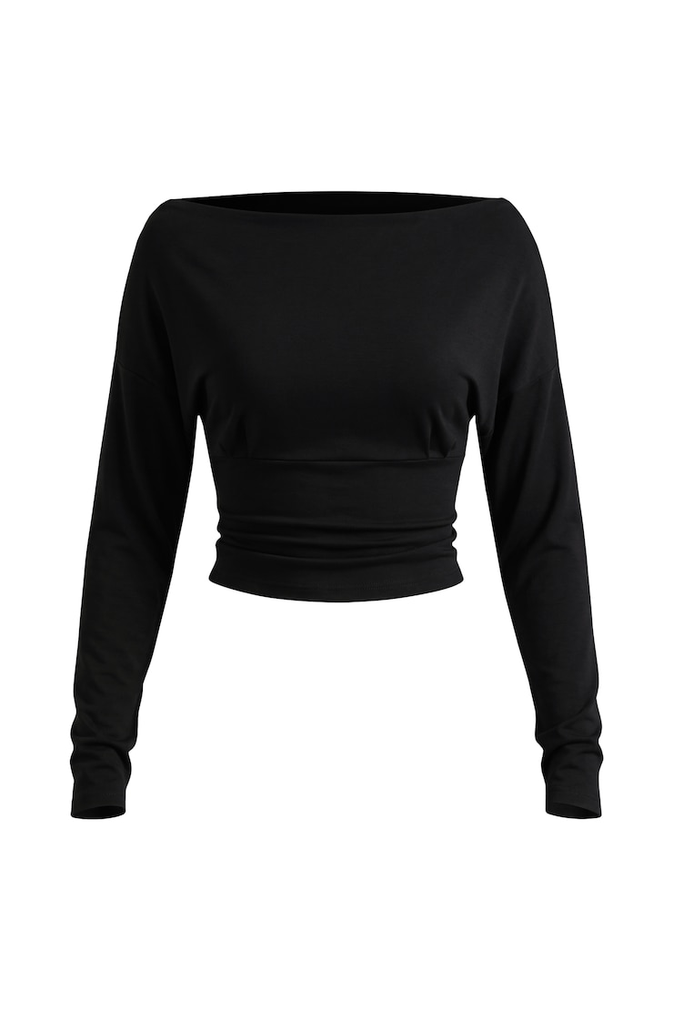 Haut asymétrique à manches longues et taille moulante, Noir encre, large