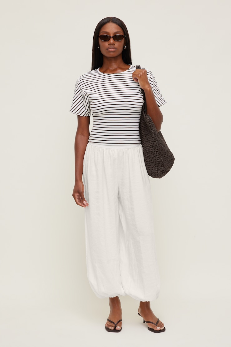Andrea Striped Cotton T Shirt Snow White / Java Brown Stripe large