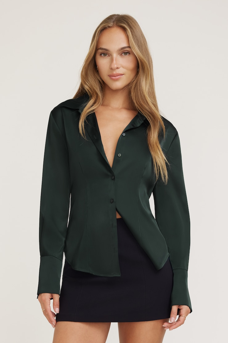 Eva Cinched Satin Shirt Scarab Green large