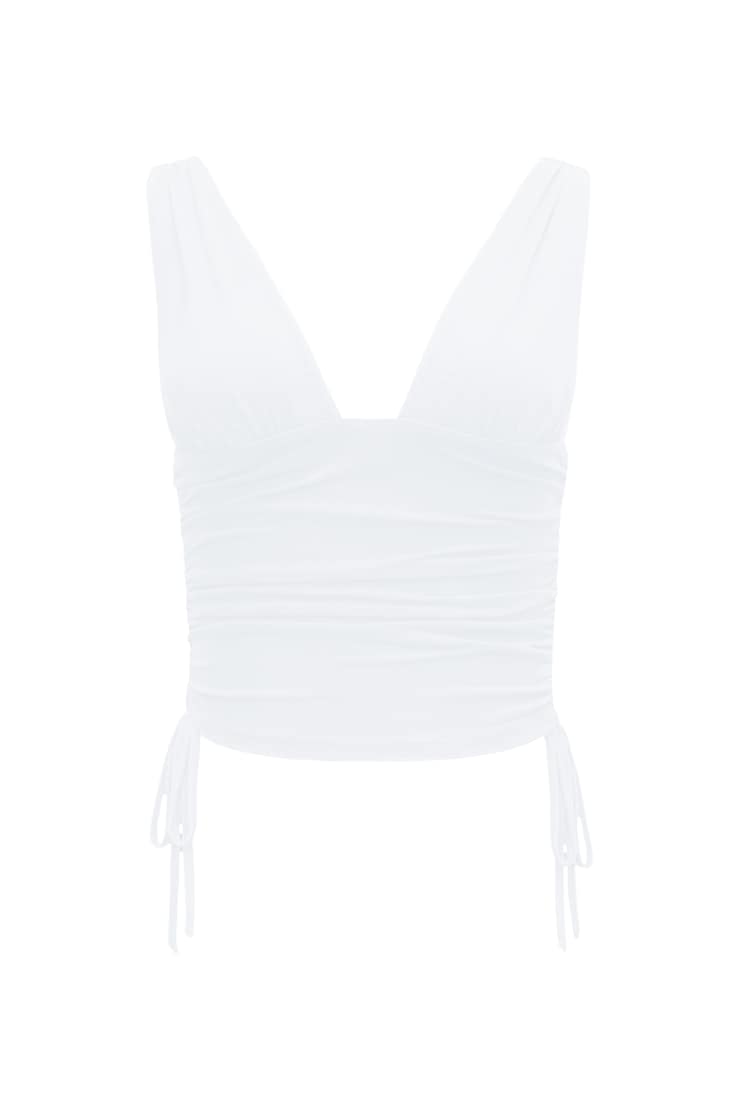 Plunge Ruched Tie Mesh Top, Bright White, large