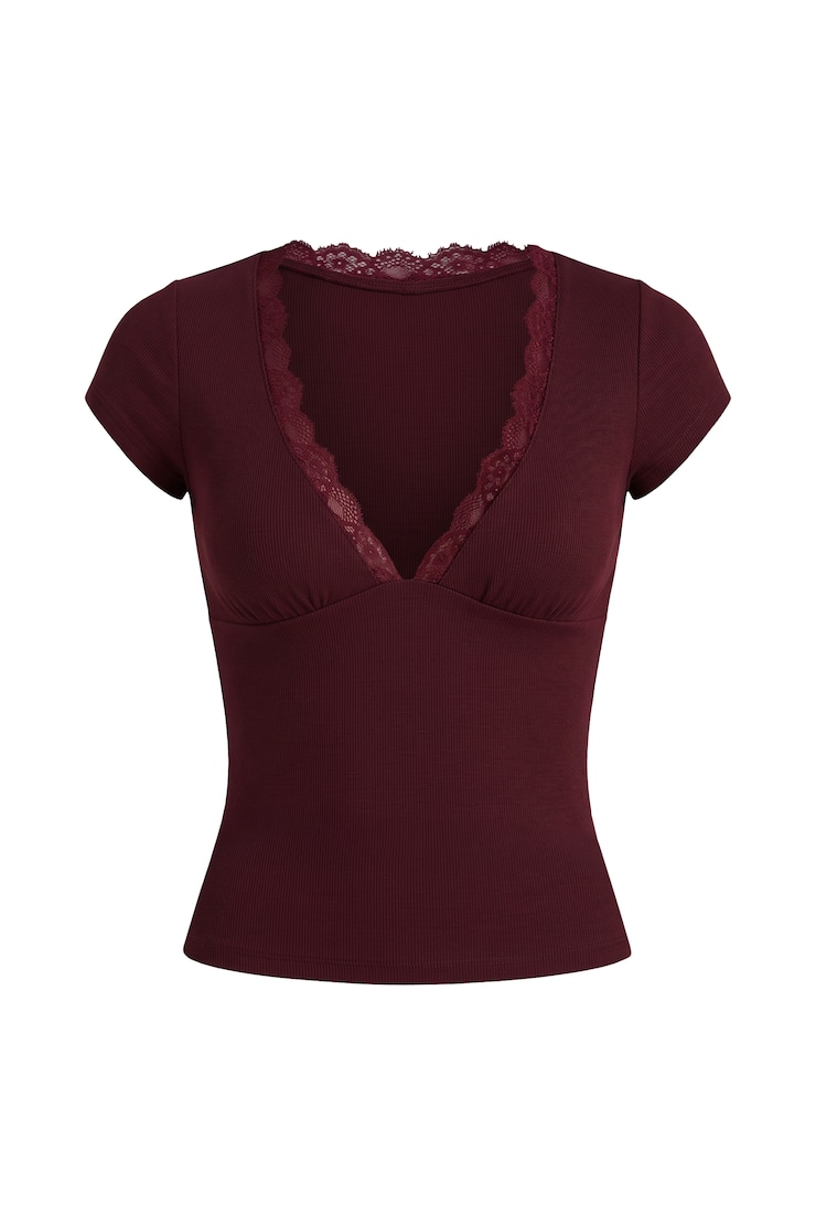 T-shirt à col plongeant et bordure en dentelle SnatchRib, Bouchée bourgogne, large