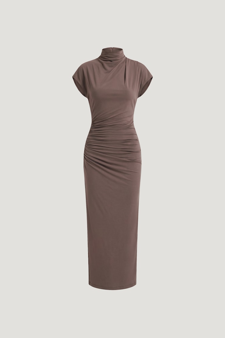 Robe midi froncée sculptante Brun poivre noir large