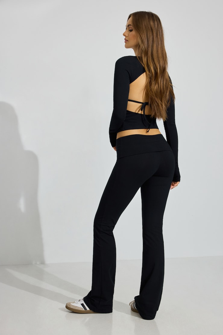 Soft Cotton Fold Over Flare Pants, Jet Black, large