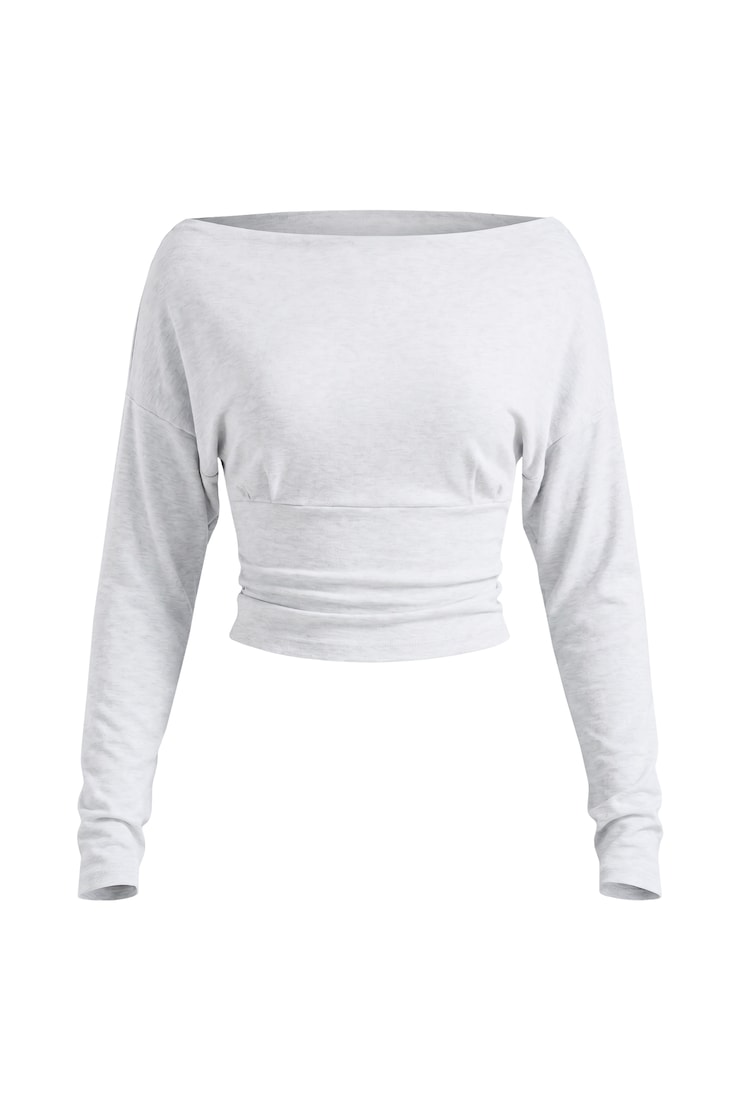 Haut asymétrique à manches longues et taille moulante, Mélange gris printanier, large