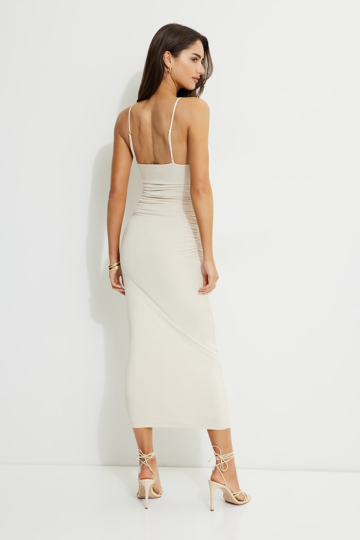 Robe maxi froncée en jersey Ines Beige journée pluvieuse large