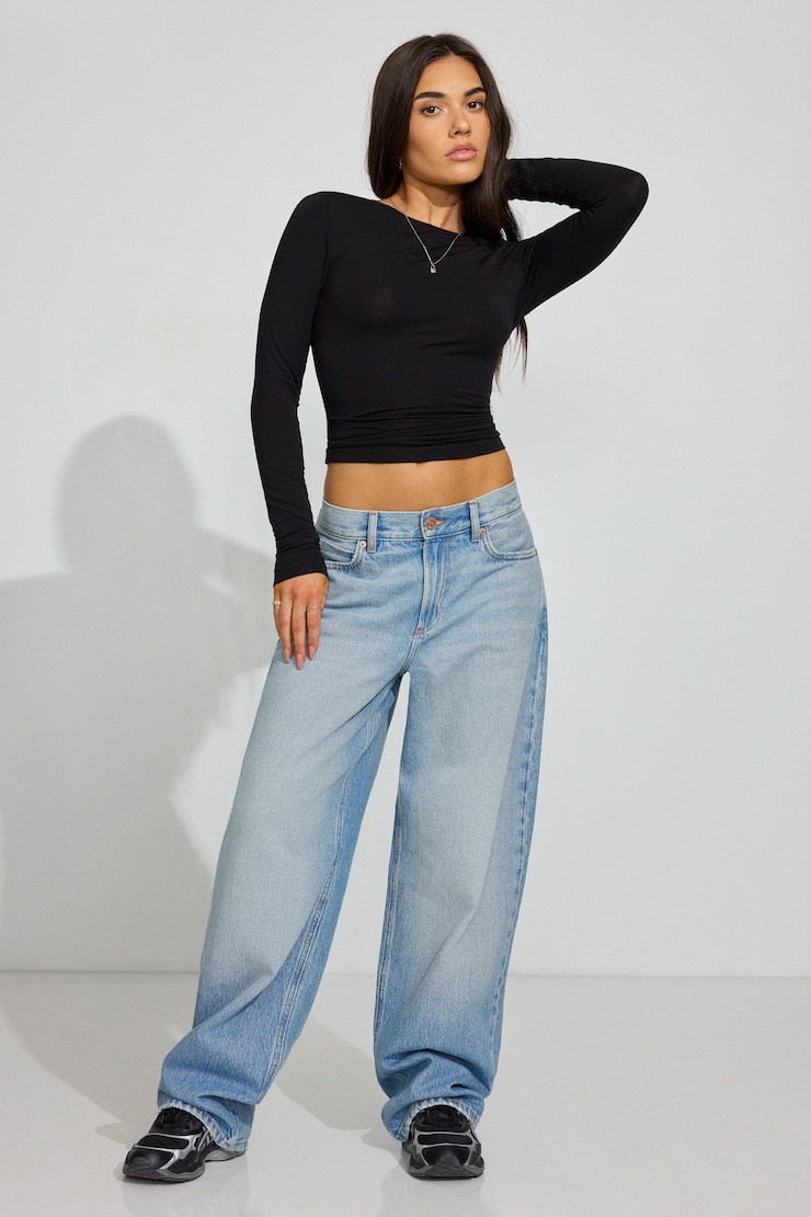 Smooth Long Sleeve Crewneck Top, Jet Black, large