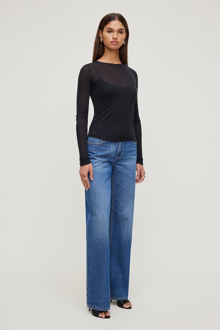 Sheer Layered Cami and Long Sleeve T Shirt Jet Black large