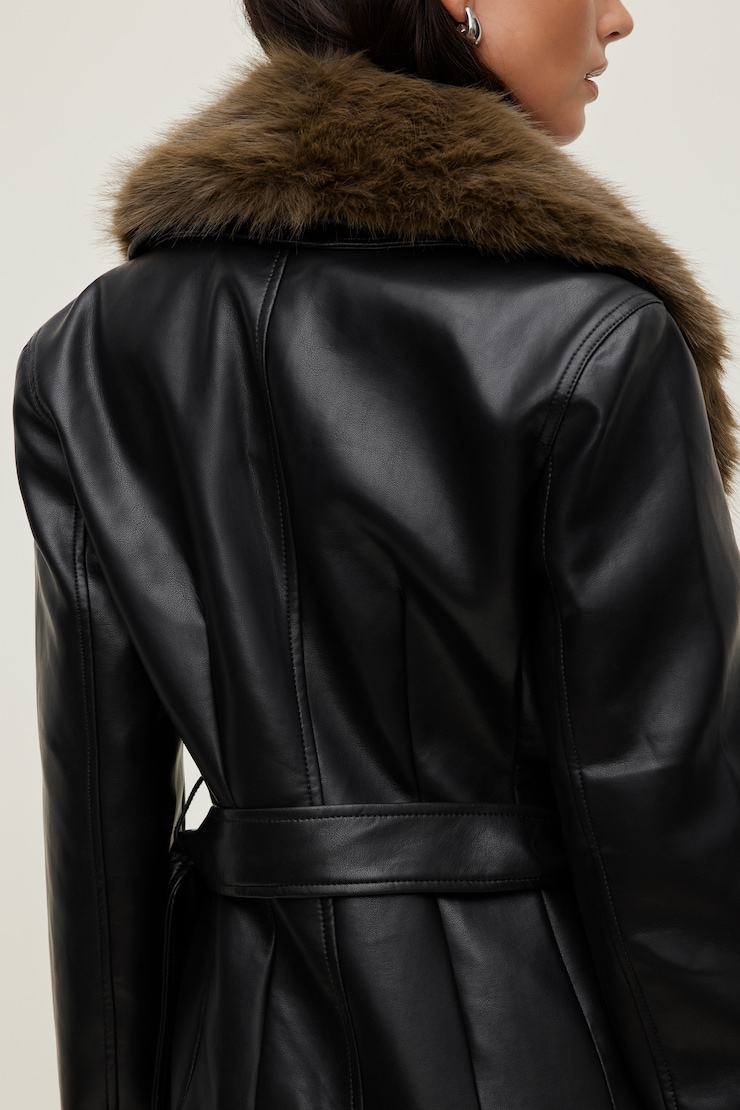 Manteau ceinturé en faux cuir Ciana Noir encre large