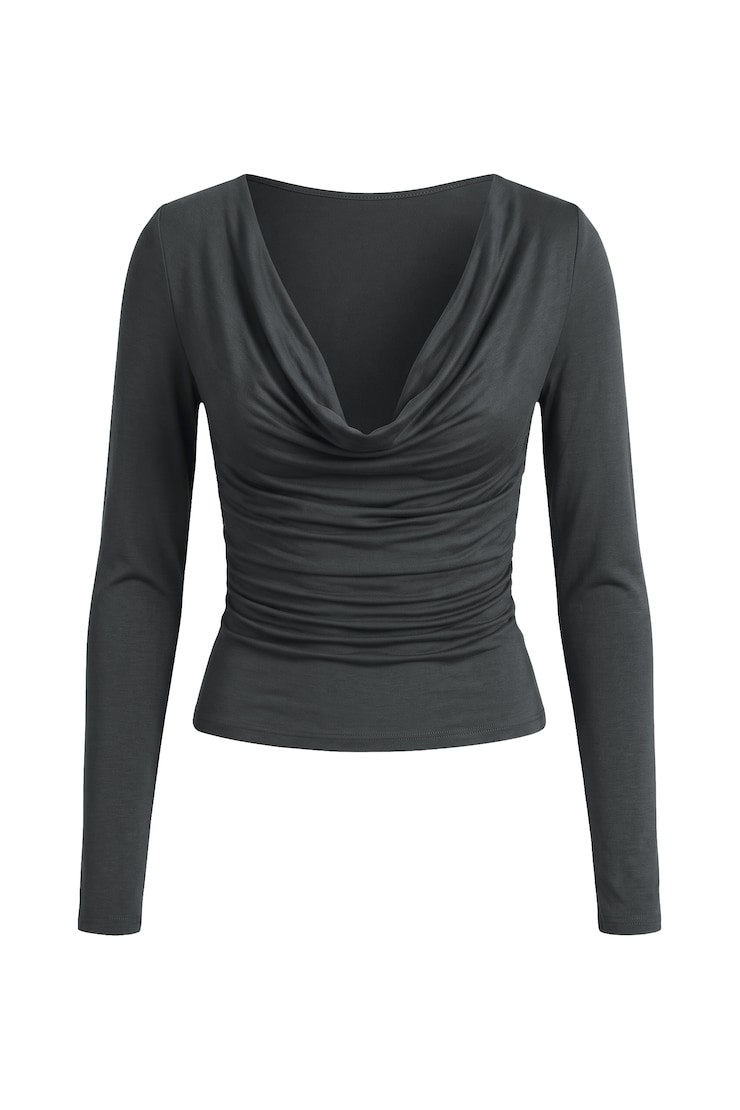 Cowl Neck Long Sleeve Top, Forged Iron Grey, large