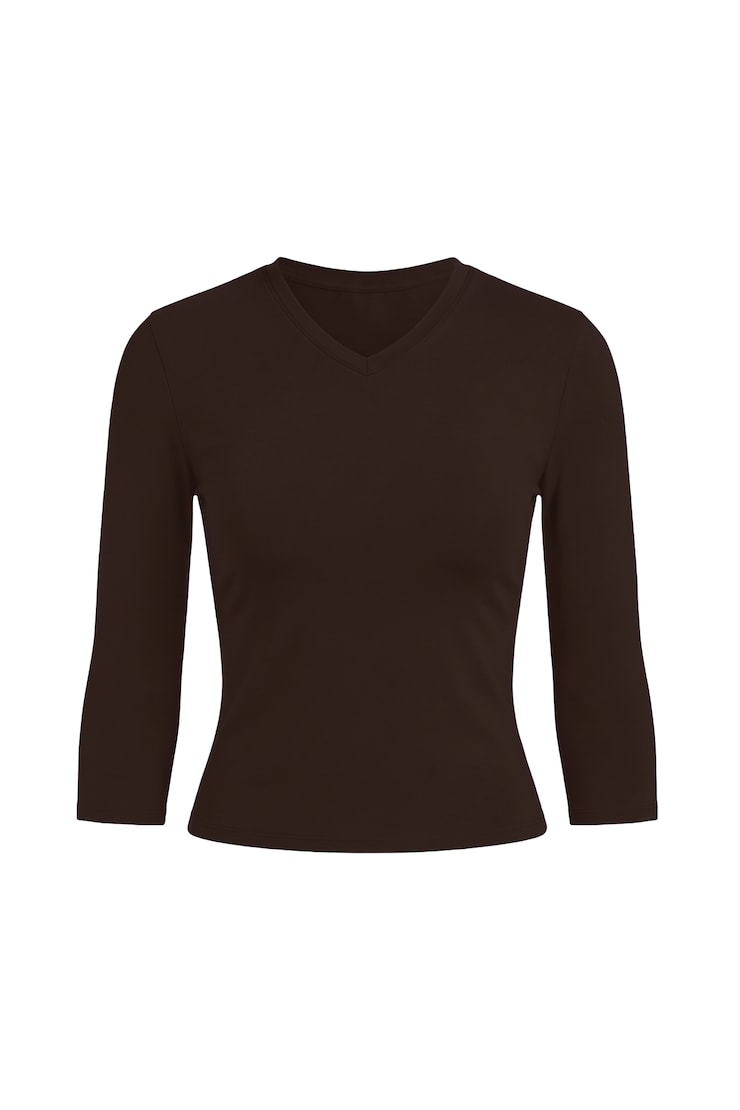 Sleek High V-Neck 3/4 Sleeve Top, Armadillo Brown, large