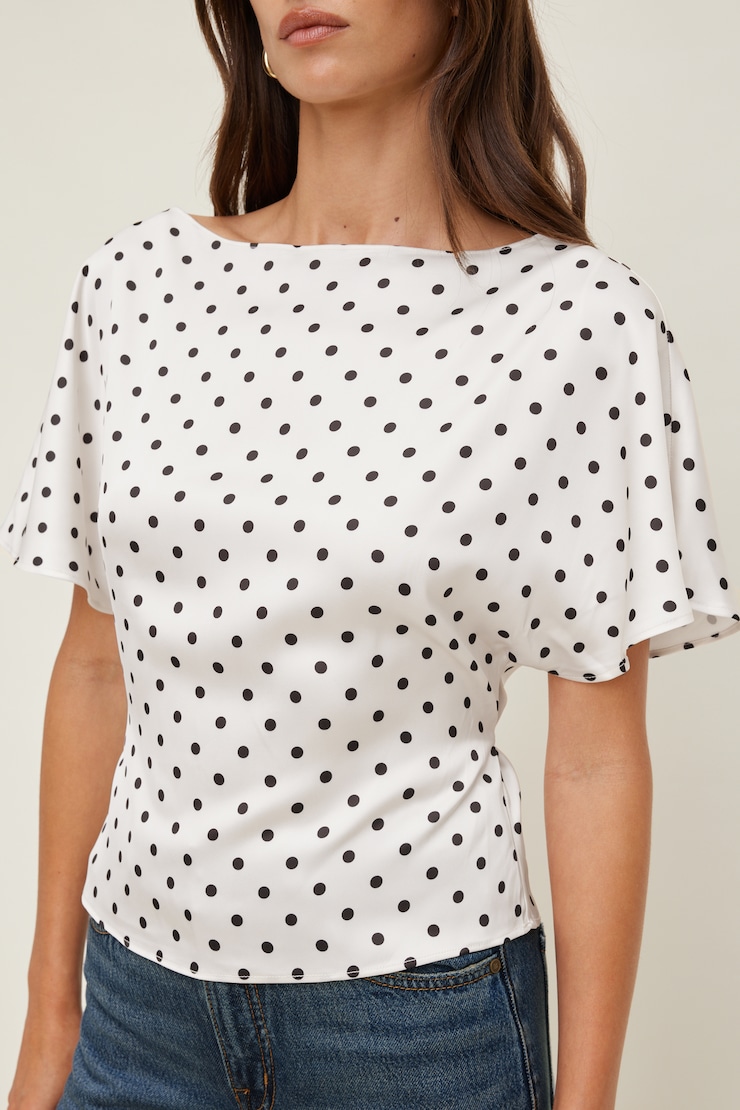 Farra Satin Blouse White w/ Black Polka Dots large