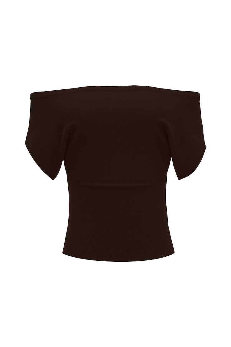 Off Shoulder Short Sleeve Cinch Waist Top, Chocolate Mousse Brown, large