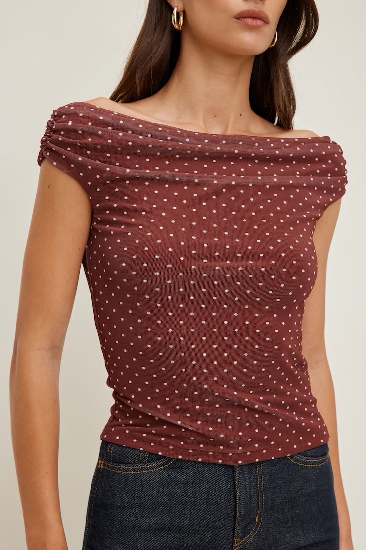 Off Shoulder Mesh Top Dark Paprika Red w/ White Polka Dots large