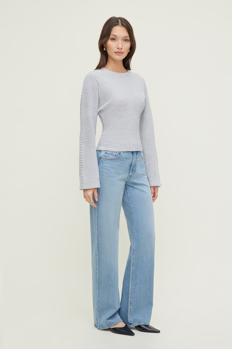 Haut rayé en coton épais à manches dolman Blanc éclatant avec rayures noires large
