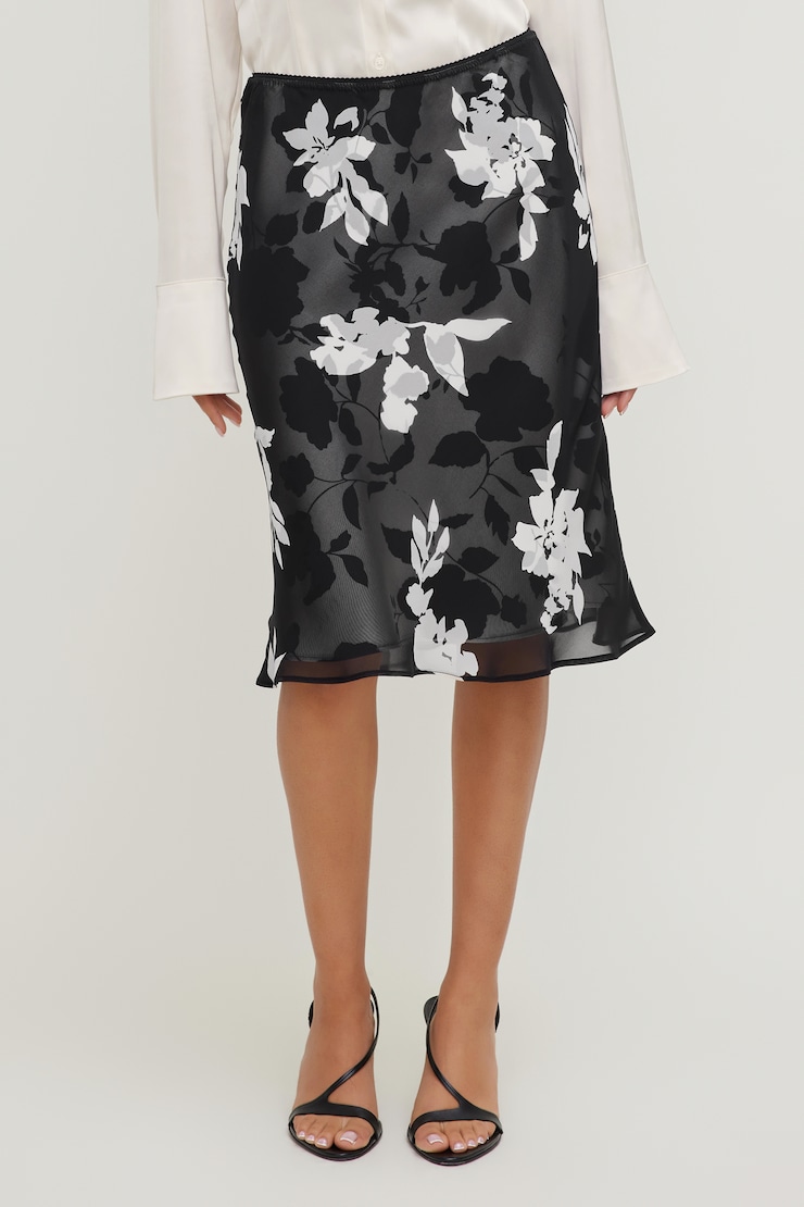 Jupe midi imprimée en satin et georgette Fleuri noir et blanc large