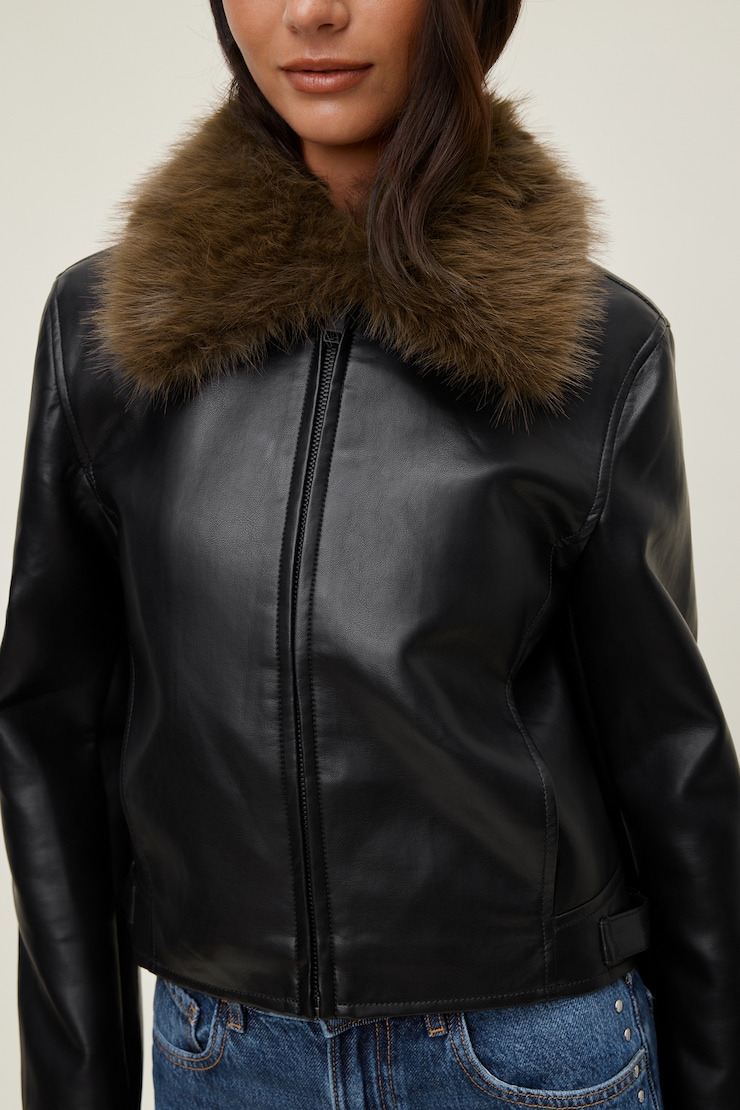 Faux Fur Collar Leather Jacket