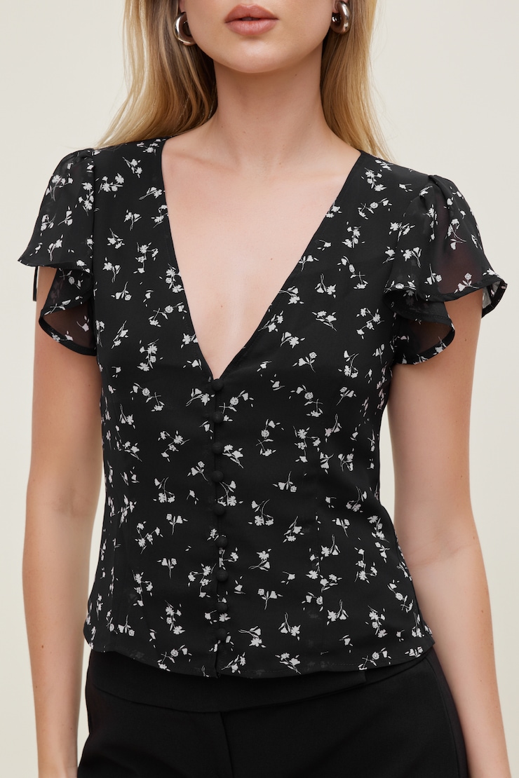 Blouse à manches à volants Noir à petites fleurs large