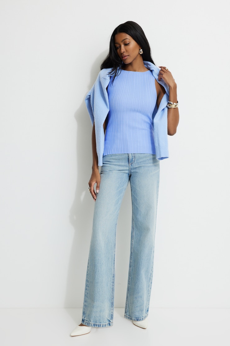 Ribbed Boat Neck Tank Top Blue | Dynamite
