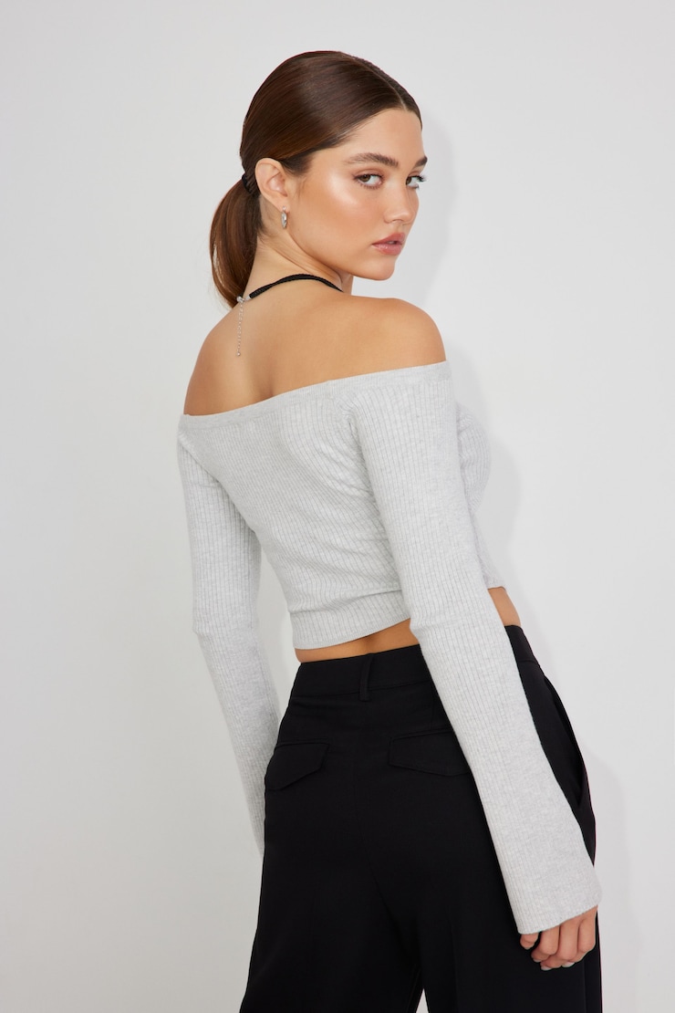 Corset Hem Off Shoulder Top, Spring Grey Mix, large