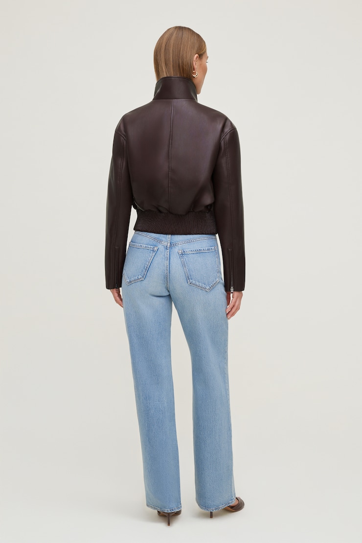 Blouson aviateur écourté en faux cuir Bourgogne laque cerise large