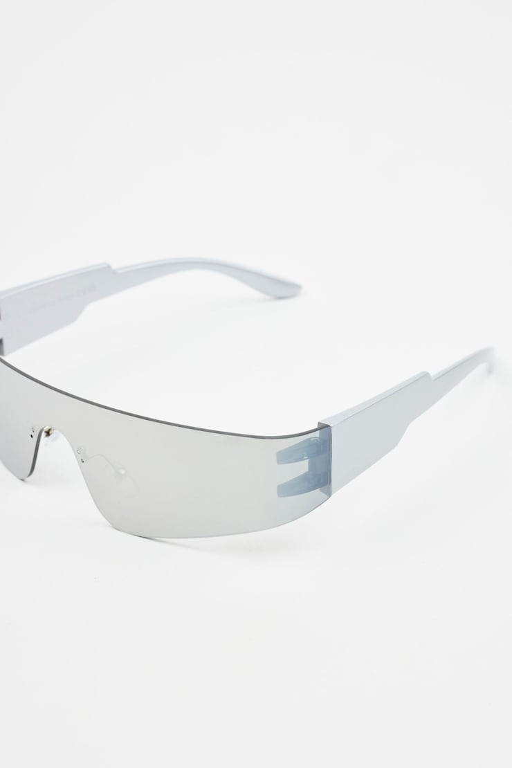 Rimless Futuristic Sunglasses, Light Silver/Smoke Grey, large