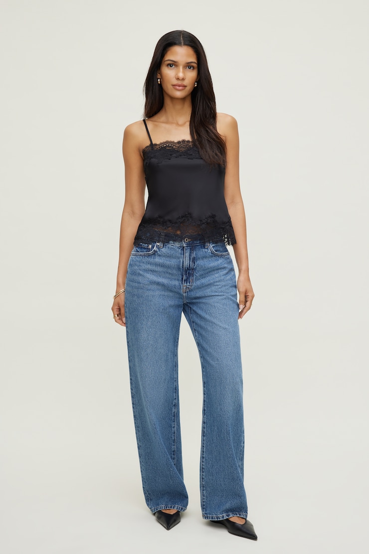 Lace Trim Satin Cami Top Black | Dynamite