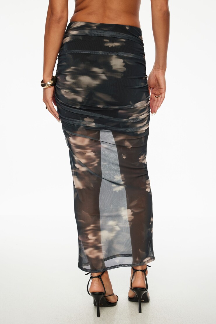 Ruched Mesh Maxi Skirt Midnight Black Floral large