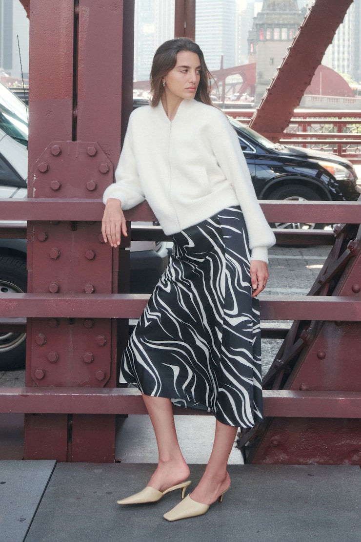 Melody Satin Slip Midi Skirt Black & Cream Wave large