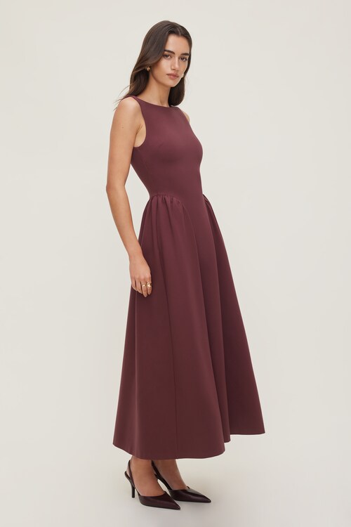 Iris Flared Ponte Maxi Dress Burgundy | Dynamite