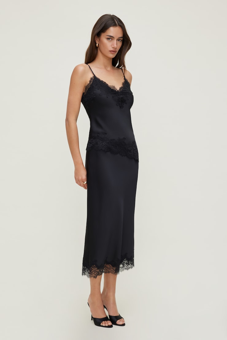 Jupe midi en satin et dentelle