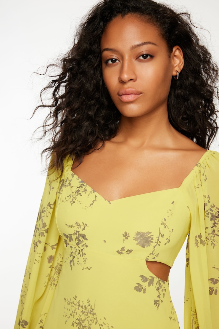 Long Sleeve Flare Mini Dress Yellow Dainty Floral  large