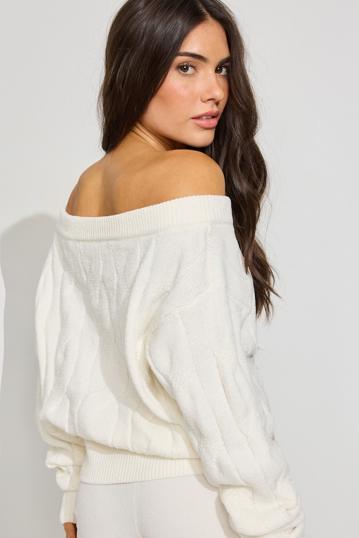 Chenille Off Shoulder Sweater, Tofu Off-White, large