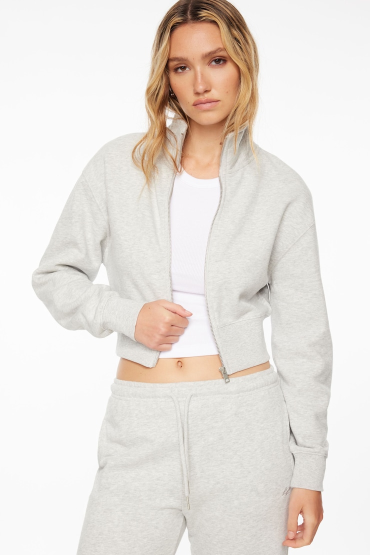 Cropped Zip Up Sweatshirt Fall Grey Mix  large