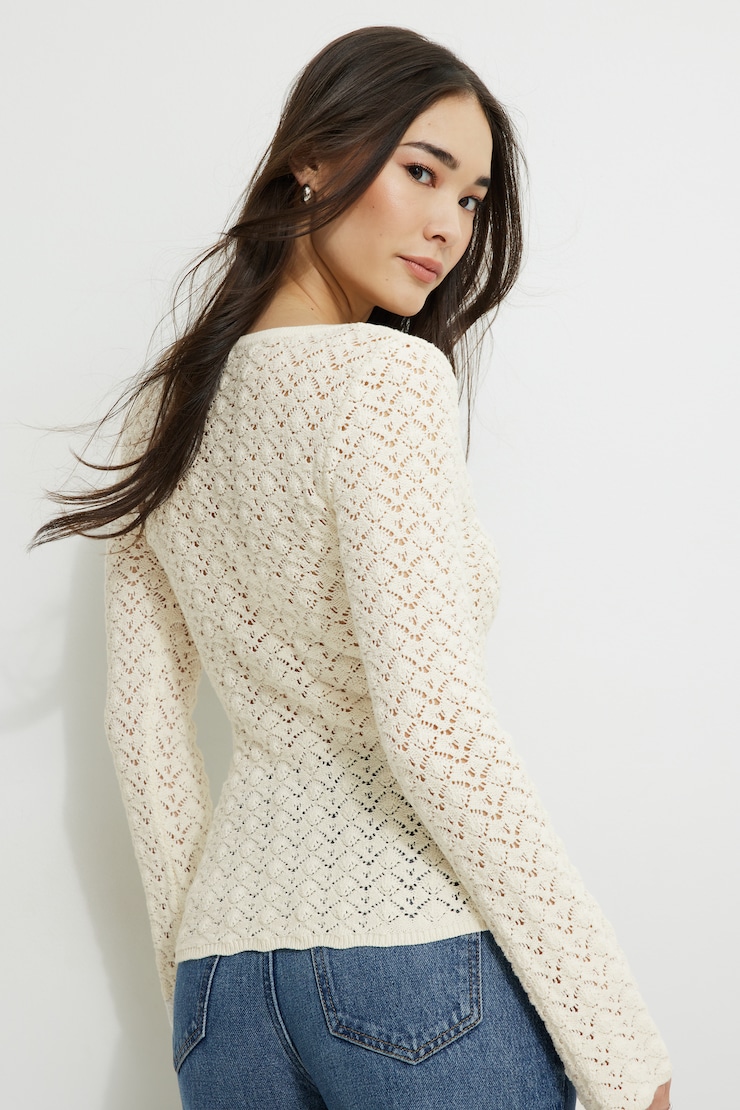Crocheted V Neck Cardigan Sea Salt Off White large