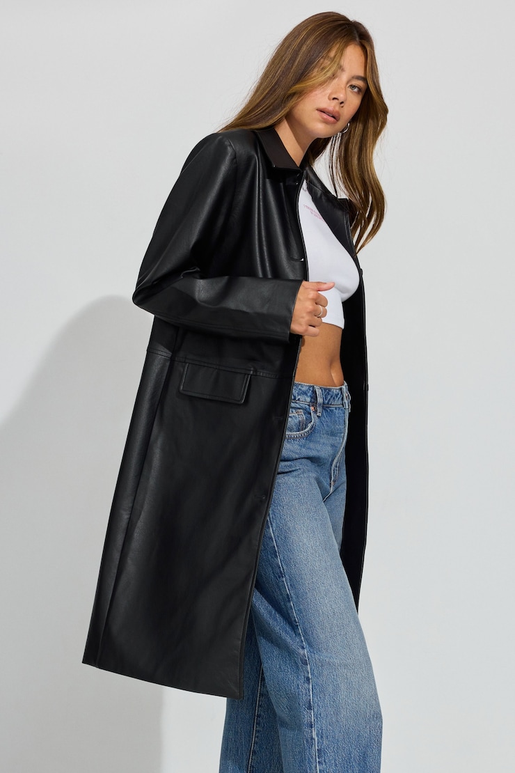 Faux Leather Car Coat , Jet Black, large