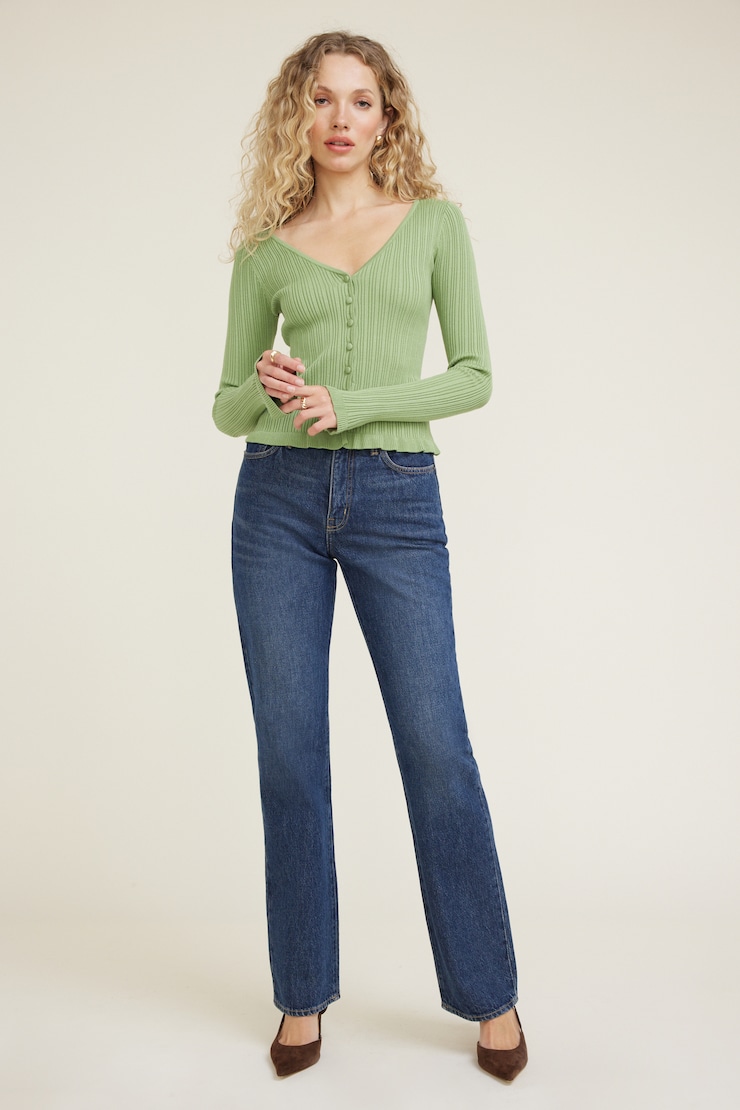 Sally Ribbed Frill Cardigan Green | Dynamite