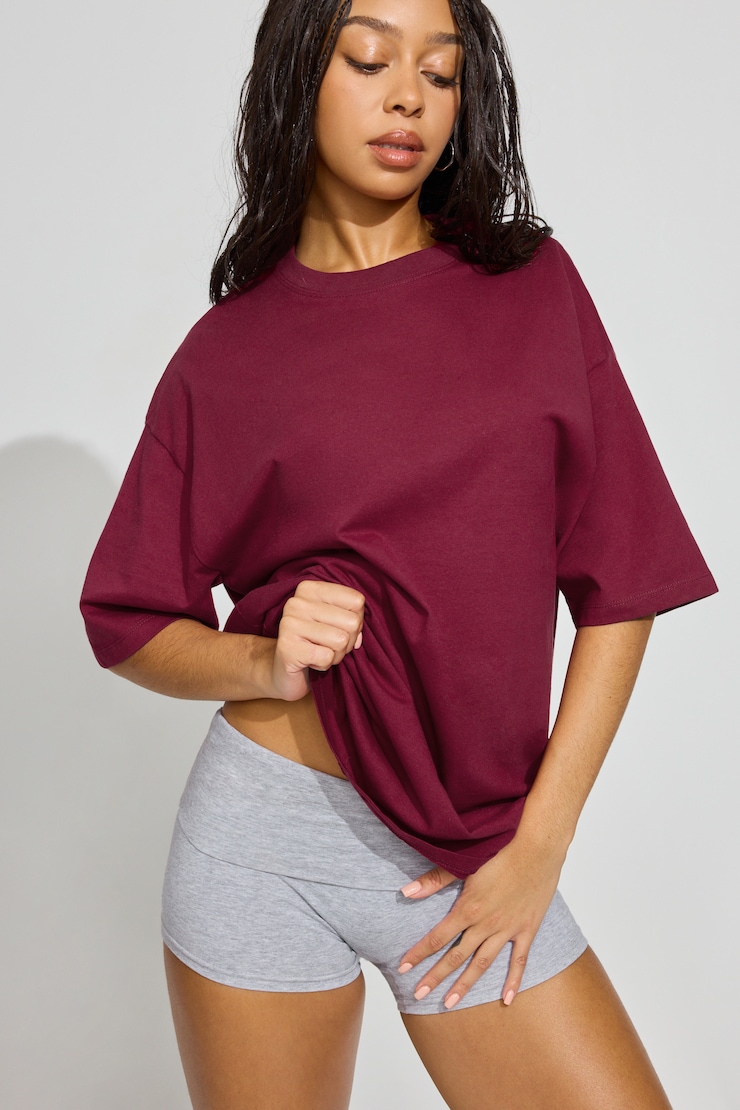 Oversized Boyfriend Tee, Sour Cherry Burgundy with "Off-Duty" Art, large