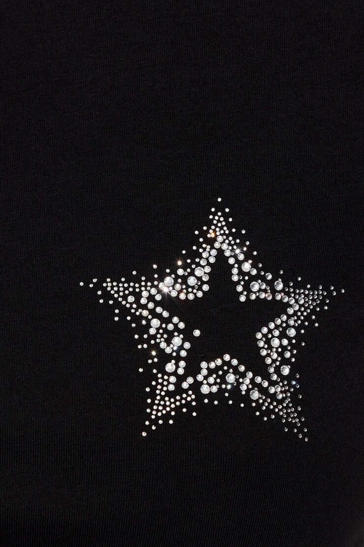 Estelle Longline Tee - Test July 14, Jet Black with "Star Nips" Art, large